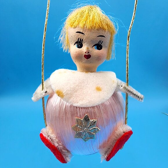 Vintage 1960s Satin Ball Angel Ornament Foil Wings Spun Cotton Composite Face v4 - Picture 2 of 8